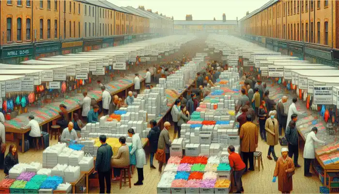 A lively Newcastle marketplace showcasing stalls that sell various nitrile gloves for medical, food, and industrial uses.