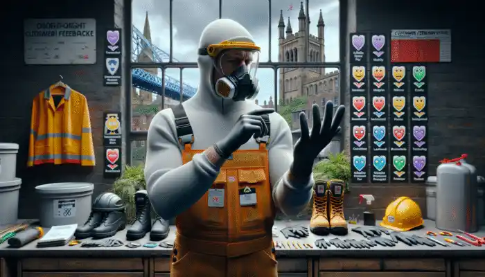 A person in Newcastle assessing nitrile gloves, comparing prices and certifications, alongside industrial safety gear and customer feedback graphs in the background.