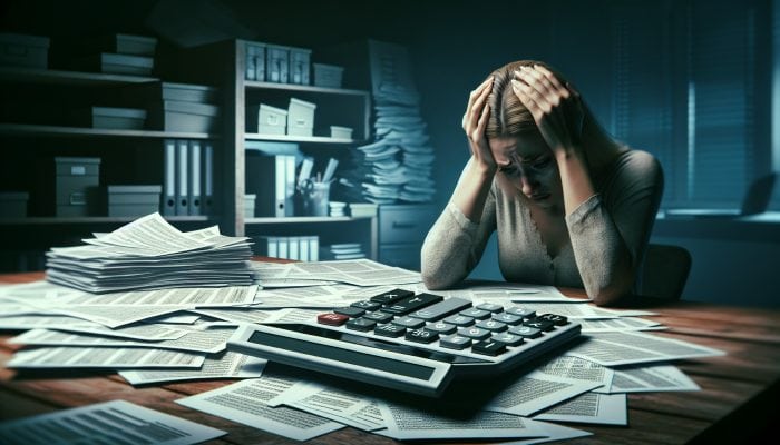 A stressed person at a desk with financial documents, highlighting a long-term loan agreement and increased interest costs.