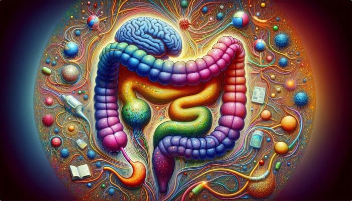 Mental Health and Gut Health: Diagram illustrating the gut-brain axis through neural, hormonal, and immunological pathways, highlighting serotonin production in the gut.