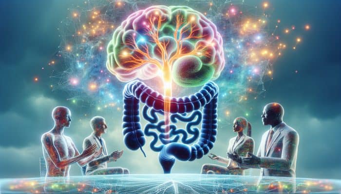 A glowing neural network connected to a vibrant digestive system, with experts engaged in discussion.