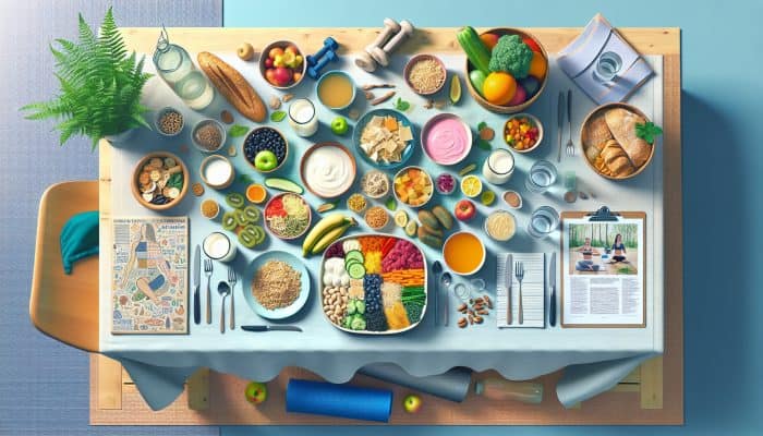 A table displaying gut-healthy foods such as yogurt, kefir, and vegetables, surrounded by water, exercise equipment, and a yoga scene.