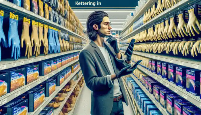 A person in Kettering using a smartphone to read expert recommendations while selecting the best latex gloves in a store.