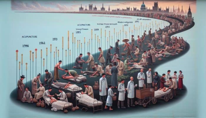 Timeline showcasing the evolution of acupuncture in the UK, highlighting the integration of traditional Chinese methods with modern medical practices and the rise in GP referrals.