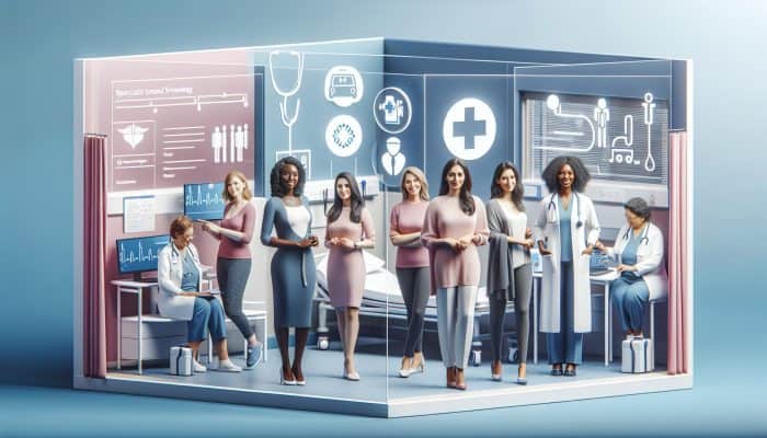 Diverse UK women accessing healthcare through NHS GPs and private clinics, illustrated with medical service symbols.