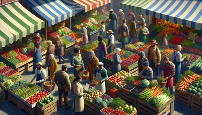 UK farmers' market featuring seasonal produce: asparagus, berries, parsnips, kale, displayed at colorful stalls.