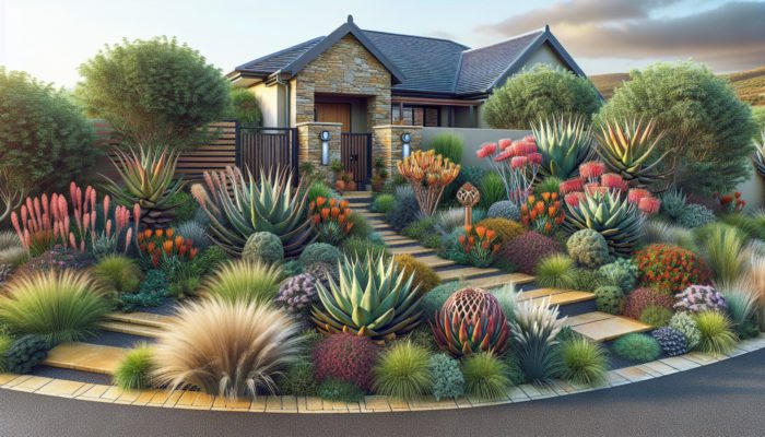 A stunning front yard in Tembisa with aloe vera, proteas, and indigenous grasses enhancing curb appeal.