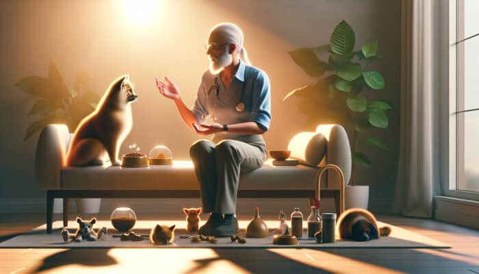 A mentor guiding a new pet owner, enhancing pet health and behavior in a supportive environment.