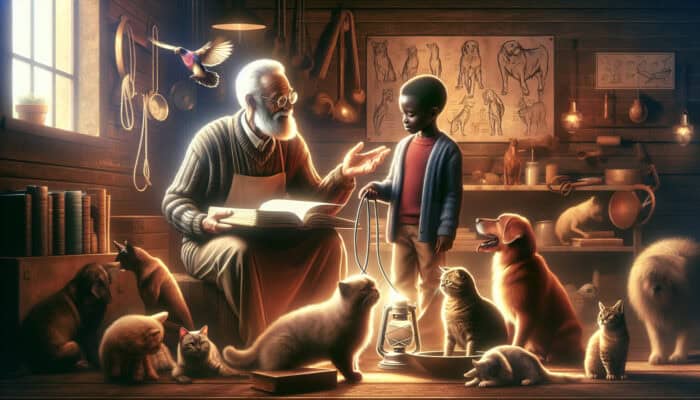 An experienced pet owner mentoring a novice amidst dogs, cats, birds, and educational materials in a cozy home.