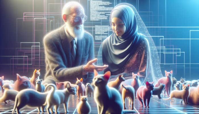 A knowledgeable mentor patiently guiding a new pet owner with clear communication amidst various pets.