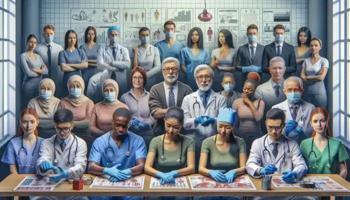 Vinyl Gloves in High Wycombe: A diverse group in High Wycombe using vinyl gloves for medical and food handling, ensuring hygiene.