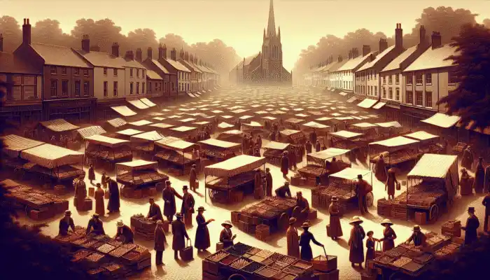 A bustling market scene in High Wycombe showcasing stalls selling vinyl gloves, diverse shoppers, and historic architecture.