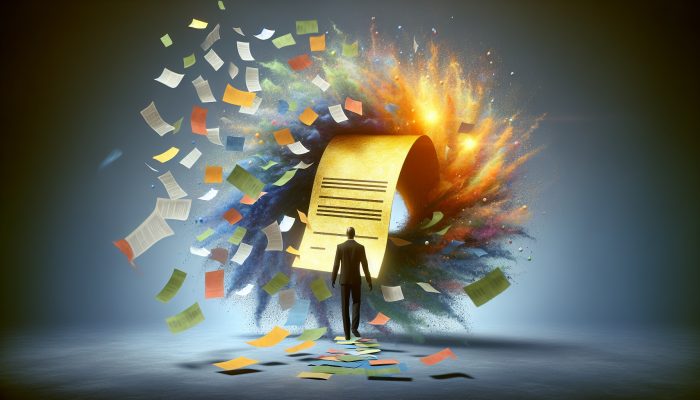 Debt Consolidation Loans With Low Fees: UK Guide | DCL A person merges multiple colorful debt papers into one glowing loan document, symbolizing debt consolidation.