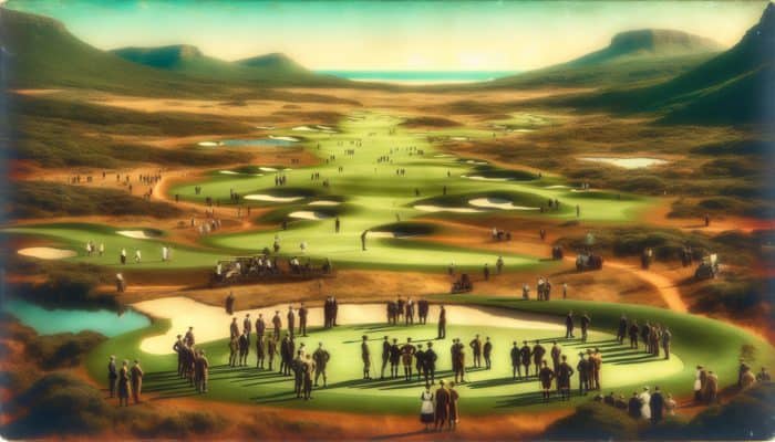 The Links Golf Club: A vintage 1920s golf scene at The Links Golf Club in George, South Africa, with players on a course set against the scenic Garden Route.