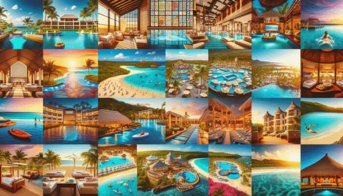 Collage of all-inclusive resorts in the Caribbean, Mexico, Hawaii, showcasing amenities, beaches, and activities.