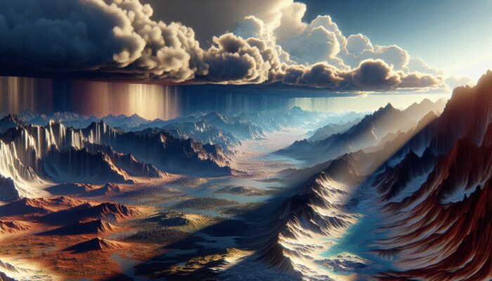 A diverse landscape showcasing mountains, valleys, plateaus, coasts, deserts, and glaciers affecting local climate.