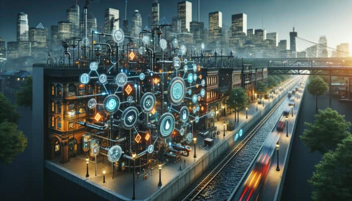 An advanced urban drainage system in Gastown featuring smart sensors and IoT technology, displaying real-time data on screens.