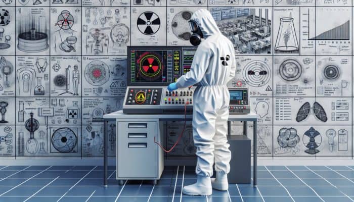 A technician in protective gear using advanced radiation detection equipment during a safety drill in a modern lab with educational posters.