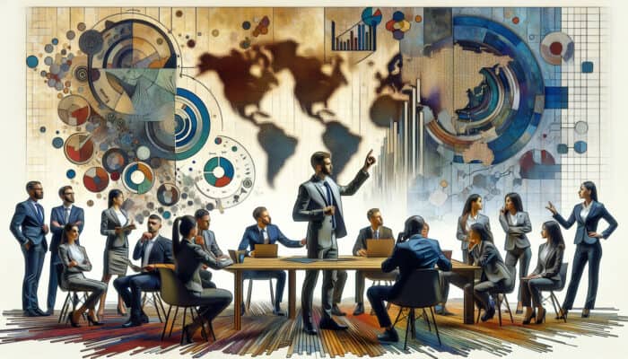 Diverse professionals analyzing regulatory documents with charts and a global map showing regional compliance variations.