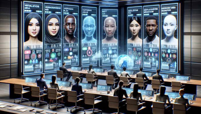 A global network of diverse human virtual assistants on screens with performance metrics and experts analyzing data in a modern control room.