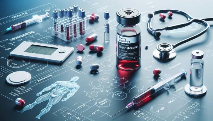 Testosterone Blood Test in Bridgend: A medical scene showing a blood draw for testosterone test, vials, equipment, and a chart on muscle, fat, and sexual desire.