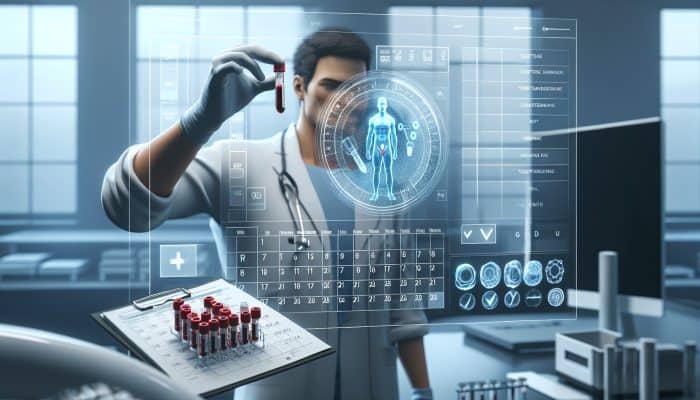 Individual in lab with testosterone vial, checklist, and calendar, preparing for blood test.