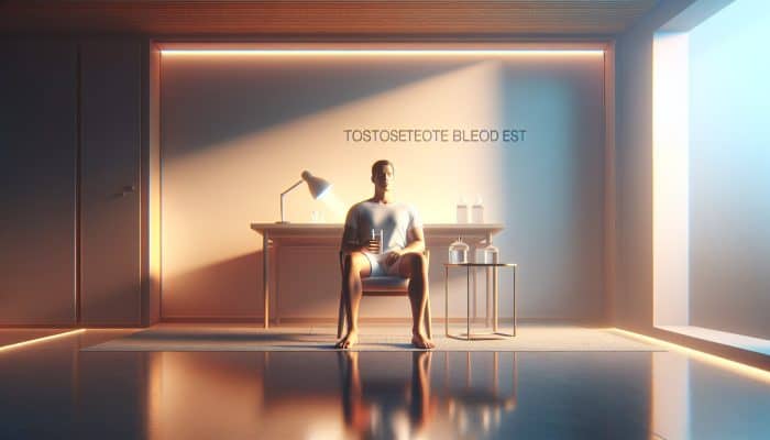 Individual fasting for testosterone test, calmly drinking water in a serene, minimalist environment.