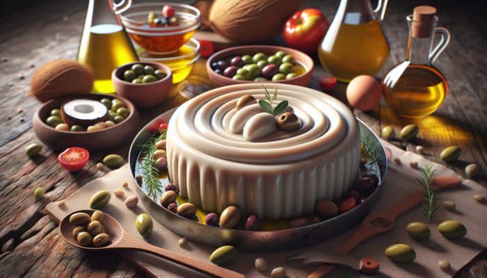 Vegan foie gras featuring coconut oil and olive oil on a rustic table, illustrating plant-based richness.