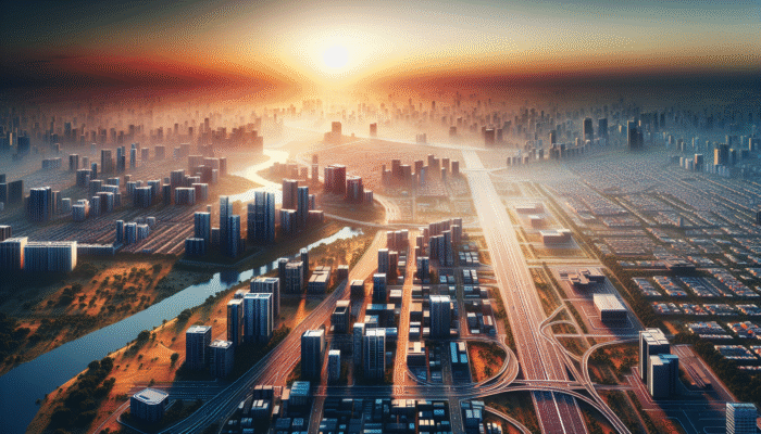 Aerial view of Mahikeng at sunset, highlighting new roads, modern infrastructure, and diverse property developments.