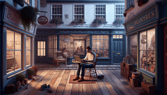 A Beaminster small business owner reading a blog on a vintage laptop amidst quaint shops, gaining writing insights.