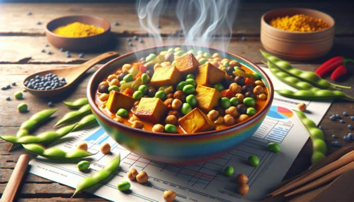 A vibrant curry featuring tofu, chickpeas, lentils, and edamame in a rustic bowl.