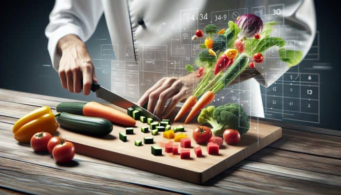 A chef expertly chopping colorful vegetables into uniform cubes on a wooden board with a sharp knife.