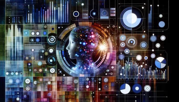 A digital dashboard with graphs and charts analyzing user engagement, featuring a virtual assistant avatar.